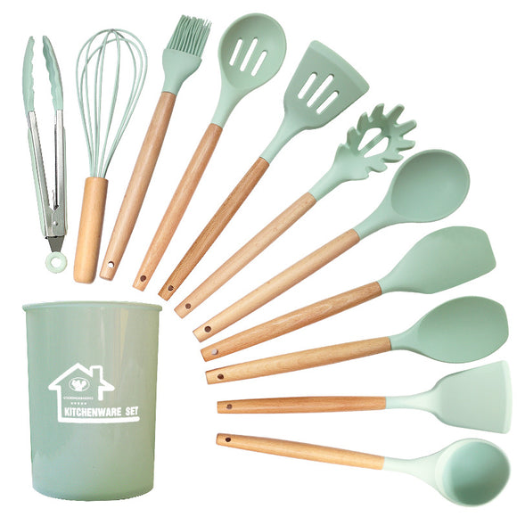 NNEDSZ Light Green And Brown 12-Piece Silicone Kitchen Utensil Set - Non-Stick Food-Grade Silicone Cooking Tools with Wooden Handles and Holder