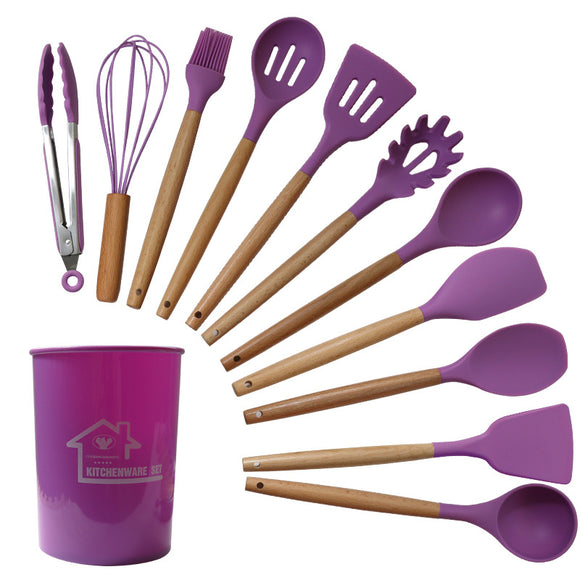 NNEDSZ Purple And Brown 12-Piece Silicone Kitchen Utensil Set - Non-Stick Food-Grade Silicone Cooking Tools with Wooden Handles and Holder