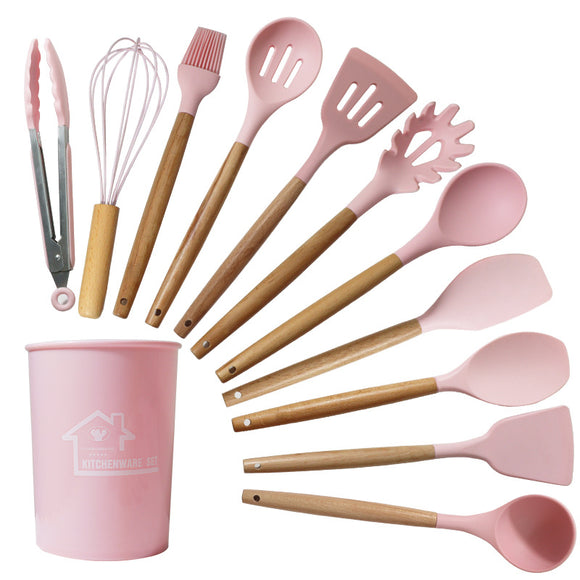NNEDSZ Pink And Brown 12-Piece Silicone Kitchen Utensil Set - Non-Stick Food-Grade Silicone Cooking Tools with Wooden Handles and Holder