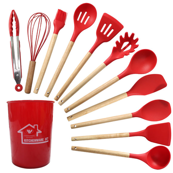 NNEDSZ Red And Brown 12-Piece Silicone Kitchen Utensil Set - Non-Stick Food-Grade Silicone Cooking Tools with Wooden Handles and Holder