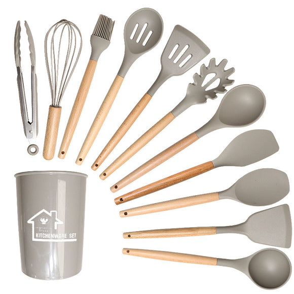 NNEDSZ Khaki And Brown 12-Piece Silicone Kitchen Utensil Set - Non-Stick Food-Grade Silicone Cooking Tools with Wooden Handles and Holder