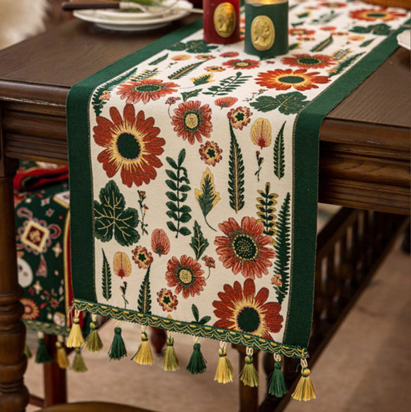 NNEDSZ 35x220cm Green Pastoral Table Runner - Spring Floral Oil Painting Style with Tassels