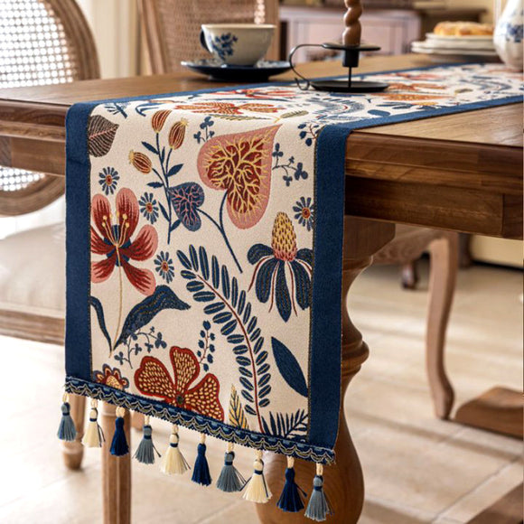 NNEDSZ 35x330cm Blue Pastoral Table Runner - Spring Floral Oil Painting Style with Tassels