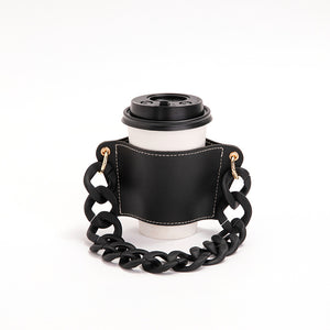 NNEDSZ 2 Pcs Black Detachable Chain Coffee Cup Sleeve - PU Leather Insulated Cup Holder with Handle, 16cm Top, 70g(Cup not included, only cup sleeve and chain)