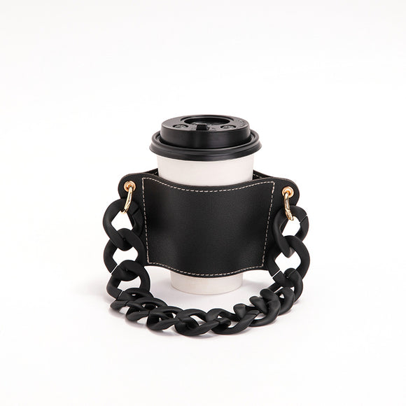 NNEDSZ 2 Pcs Black Detachable Chain Coffee Cup Sleeve - PU Leather Insulated Cup Holder with Handle, 16cm Top, 70g(Cup not included, only cup sleeve and chain)