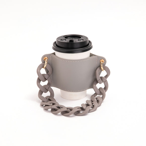 NNEDSZ 2 Pcs Grey Detachable Chain Coffee Cup Sleeve - PU Leather Insulated Cup Holder with Handle, 16cm Top, 70g(Cup not included, only cup sleeve and chain)