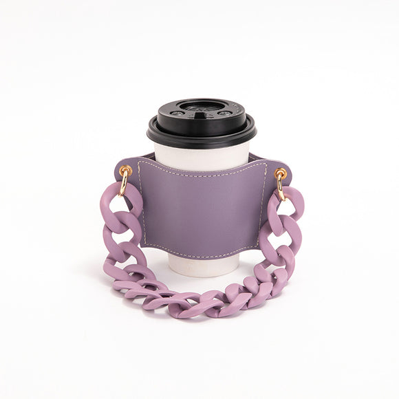 NNEDSZ 2 Pcs Purple Detachable Chain Coffee Cup Sleeve - PU Leather Insulated Cup Holder with Handle, 16cm Top, 70g(Cup not included, only cup sleeve and chain)