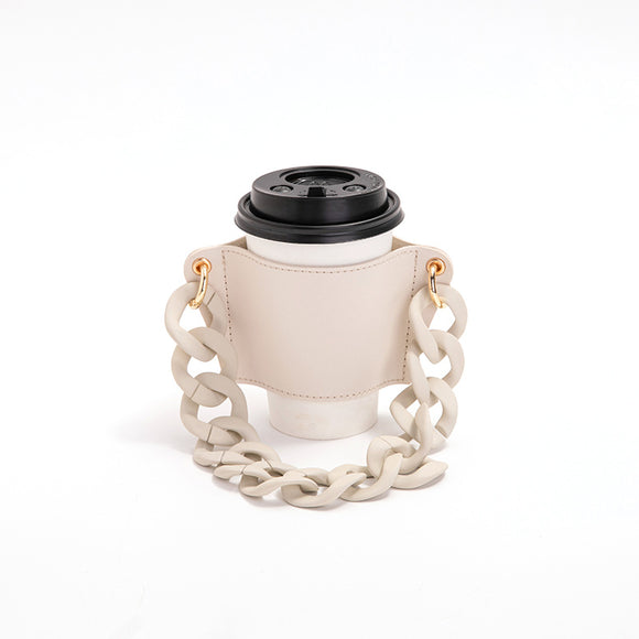 NNEDSZ 2 Pcs Beige Detachable Chain Coffee Cup Sleeve - PU Leather Insulated Cup Holder with Handle, 16cm Top, 70g(Cup not included, only cup sleeve and chain)