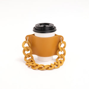 NNEDSZ 2 Pcs Yellow Detachable Chain Coffee Cup Sleeve - PU Leather Insulated Cup Holder with Handle, 16cm Top, 70g(Cup not included, only cup sleeve and chain)