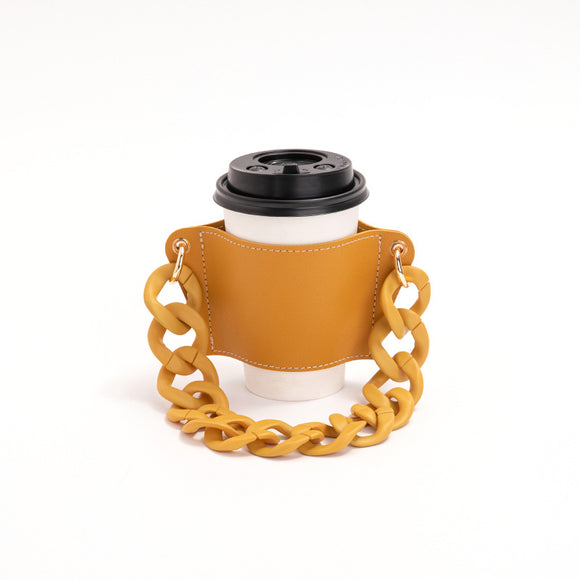 NNEDSZ 2 Pcs Yellow Detachable Chain Coffee Cup Sleeve - PU Leather Insulated Cup Holder with Handle, 16cm Top, 70g(Cup not included, only cup sleeve and chain)