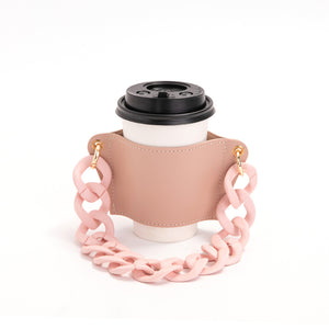 NNEDSZ 2 Pcs Pink Detachable Chain Coffee Cup Sleeve - PU Leather Insulated Cup Holder with Handle, 16cm Top, 70g(Cup not included, only cup sleeve and chain)