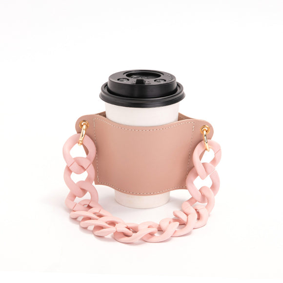 NNEDSZ 2 Pcs Pink Detachable Chain Coffee Cup Sleeve - PU Leather Insulated Cup Holder with Handle, 16cm Top, 70g(Cup not included, only cup sleeve and chain)