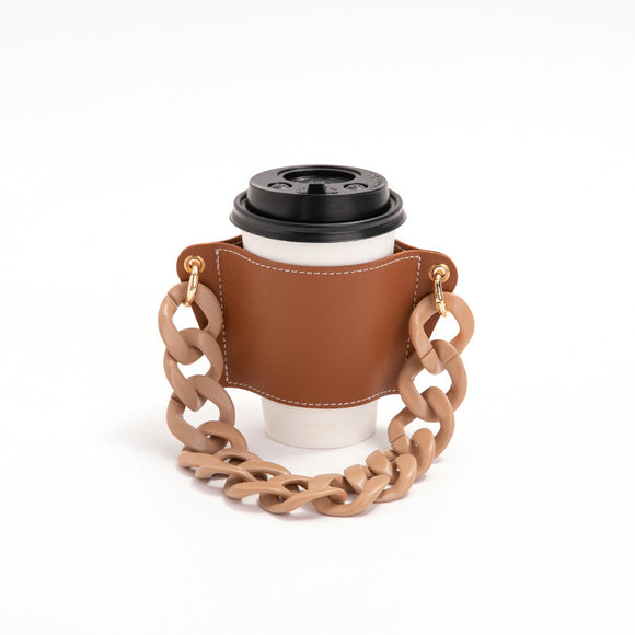 NNEDSZ 2 Pcs Brown Detachable Chain Coffee Cup Sleeve - PU Leather Insulated Cup Holder with Handle, 16cm Top, 70g(Cup not included, only cup sleeve and chain)