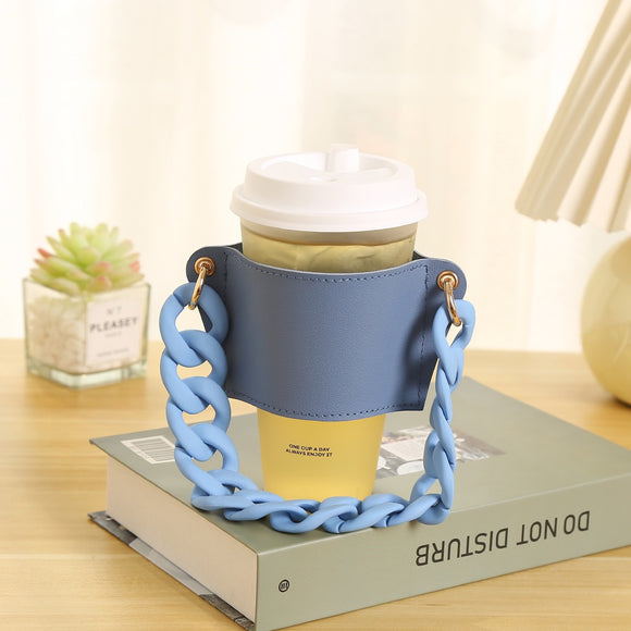 NNEDSZ 2 Pcs Blue Detachable Chain Coffee Cup Sleeve - PU Leather Insulated Cup Holder with Handle, 16cm Top, 70g(Cup not included, only cup sleeve and chain)