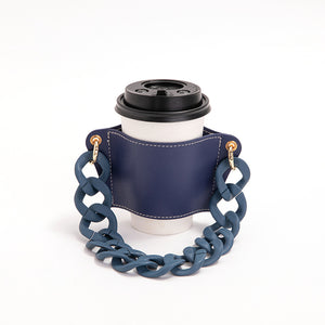 NNEDSZ 2 Pcs Dark Blue Detachable Chain Coffee Cup Sleeve - PU Leather Insulated Cup Holder with Handle, 16cm Top, 70g(Cup not included, only cup sleeve and chain)