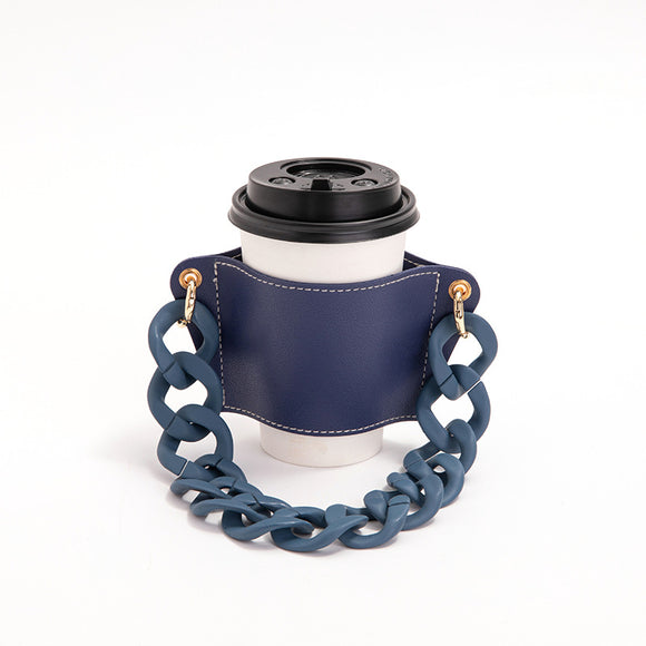 NNEDSZ 2 Pcs Dark Blue Detachable Chain Coffee Cup Sleeve - PU Leather Insulated Cup Holder with Handle, 16cm Top, 70g(Cup not included, only cup sleeve and chain)
