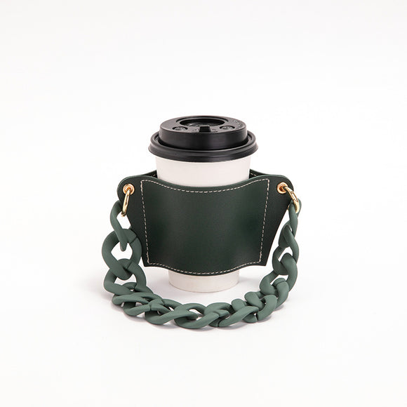 NNEDSZ 2 Pcs Dark Green Detachable Chain Coffee Cup Sleeve - PU Leather Insulated Cup Holder with Handle, 16cm Top, 70g(Cup not included, only cup sleeve and chain)