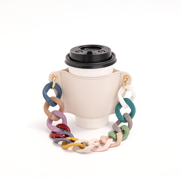NNEDSZ 2 Pcs Beige And colored chain Detachable Chain Coffee Cup Sleeve - PU Leather Insulated Cup Holder with Handle, 16cm Top, 70g(Cup not included, only cup sleeve and chain)