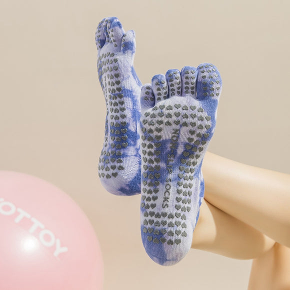 NNEDSZ 2 Pairs Blue Tie-Dye Non-Slip Yoga Socks for Women - Five-Toe Cotton Blend Socks for Pilates and Indoor Sports