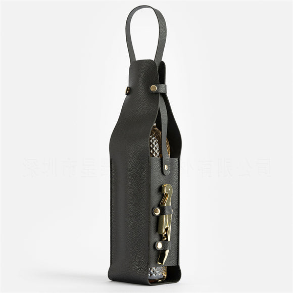 NNEDSZ Black Leather-Look Single Wine Bottle Carrier Bag with Handle and Side Pocket for Opener(Red wine and bottle opener are props for shooting and are not included)