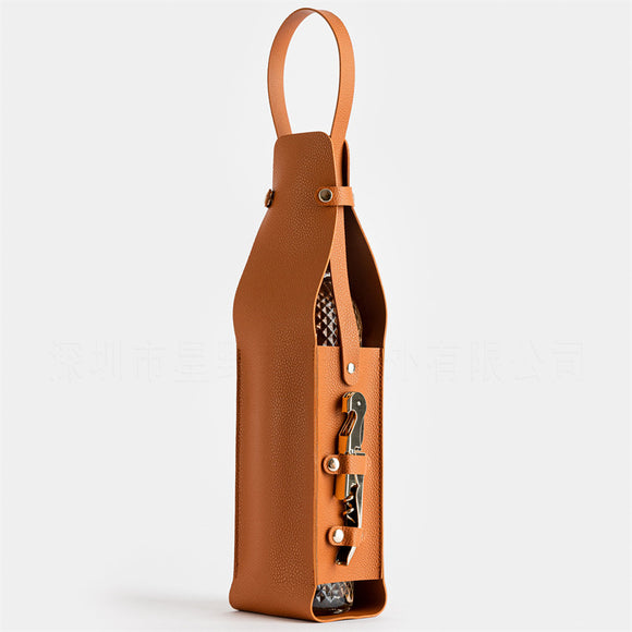NNEDSZ Brown Leather-Look Single Wine Bottle Carrier Bag with Handle and Side Pocket for Opener(Red wine and bottle opener are props for shooting and are not included)
