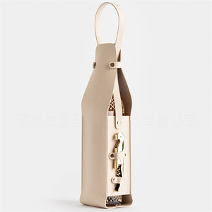 NNEDSZ Beige Leather-Look Single Wine Bottle Carrier Bag with Handle and Side Pocket for Opener(Red wine and bottle opener are props for shooting and are not included)