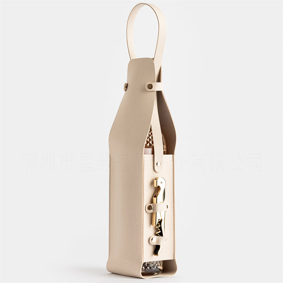 NNEDSZ Beige Leather-Look Single Wine Bottle Carrier Bag with Handle and Side Pocket for Opener(Red wine and bottle opener are props for shooting and are not included)