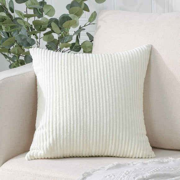 NNEDSZ White Plush Striped Pillow Covers 45x45cm - Set of 4 Corduroy-Style Cushion Covers with Invisible Zipper, Soft and Washable for Sofa Decor