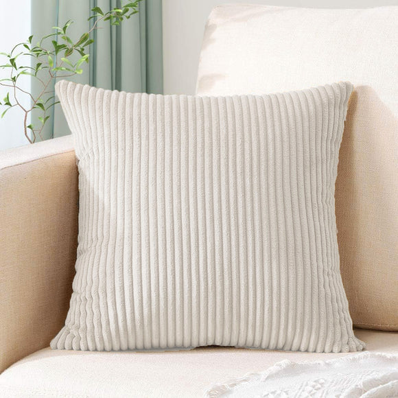 NNEDSZ Beige Plush Striped Pillow Covers 45x45cm - Set of 4 Corduroy-Style Cushion Covers with Invisible Zipper, Soft and Washable for Sofa Decor