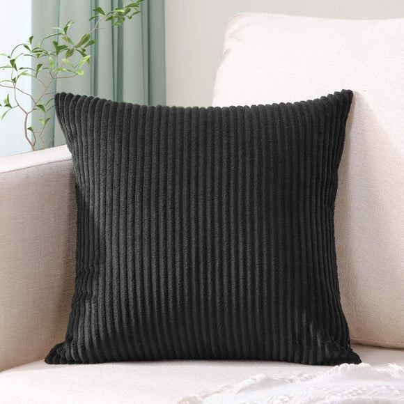 NNEDSZ Black Plush Striped Pillow Covers 45x45cm - Set of 4 Corduroy-Style Cushion Covers with Invisible Zipper, Soft and Washable for Sofa Decor