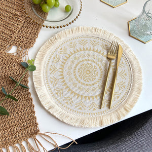 NNEDSZ 4 Pcs Beige and Yellow Boho Chic Woven Cotton Placemat with Tassels - Nordic Bohemian Style(Tableware is a prop for shooting and is not included)