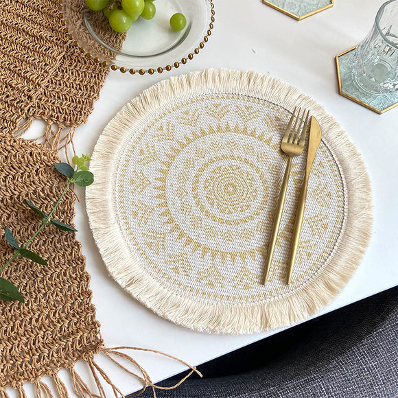 NNEDSZ 4 Pcs Beige and Yellow Boho Chic Woven Cotton Placemat with Tassels - Nordic Bohemian Style(Tableware is a prop for shooting and is not included)