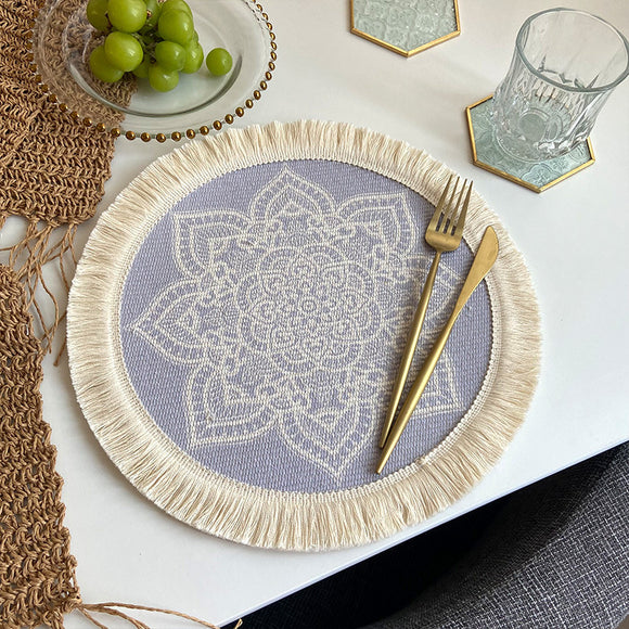 NNEDSZ 4 Pcs Beige and Purple Boho Chic Woven Cotton Placemat with Tassels - Nordic Bohemian Style(Tableware is a prop for shooting and is not included)