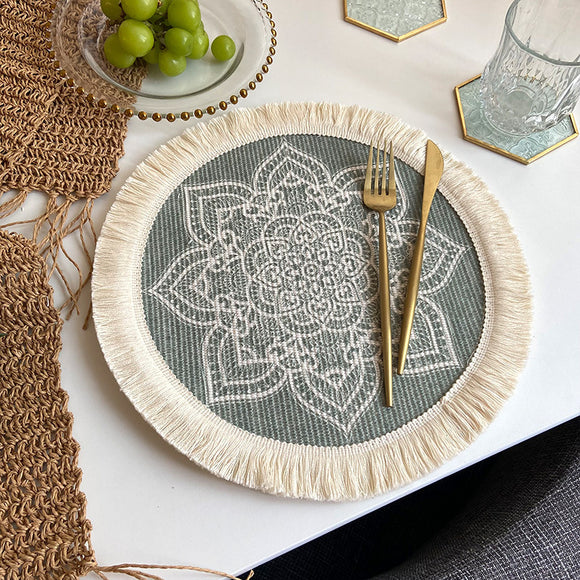 NNEDSZ 4 Pcs Beige and Grey Boho Chic Woven Cotton Placemat with Tassels - Nordic Bohemian Style(Tableware is a prop for shooting and is not included)