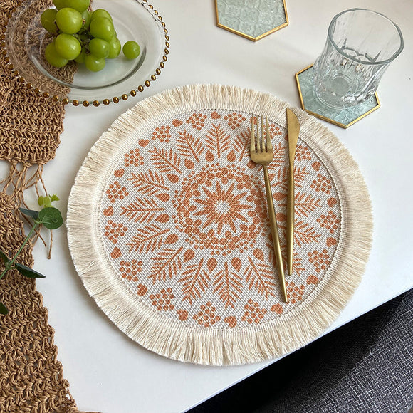 NNEDSZ 4 Pcs Beige and Orange Boho Chic Woven Cotton Placemat with Tassels - Nordic Bohemian Style(Tableware is a prop for shooting and is not included)