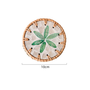 NNEDSZ 4 Pcs Beige Background With Green flower Handcrafted Rattan Coaster with Natural Shell Inlay - Decorative & Heat Insulating Drink Mat