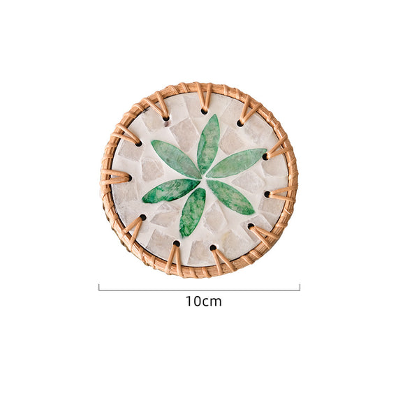 NNEDSZ 4 Pcs Beige Background With Green flower Handcrafted Rattan Coaster with Natural Shell Inlay - Decorative & Heat Insulating Drink Mat