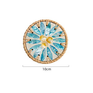 NNEDSZ 4 Pcs Beige Background With Blue flower Handcrafted Rattan Coaster with Natural Shell Inlay - Decorative & Heat Insulating Drink Mat