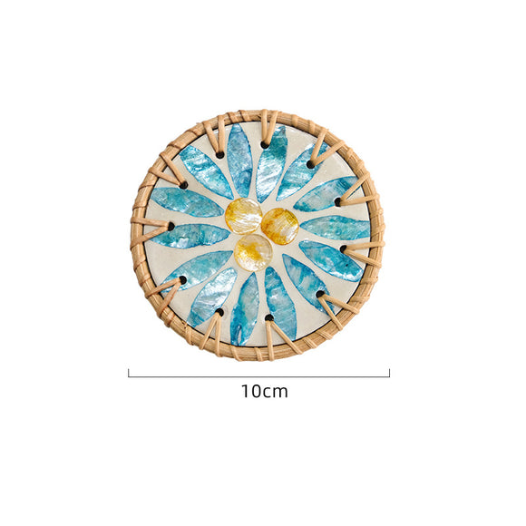 NNEDSZ 4 Pcs Beige Background With Blue flower Handcrafted Rattan Coaster with Natural Shell Inlay - Decorative & Heat Insulating Drink Mat