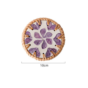 NNEDSZ 4 Pcs Beige Background With Purple flower Handcrafted Rattan Coaster with Natural Shell Inlay - Decorative & Heat Insulating Drink Mat