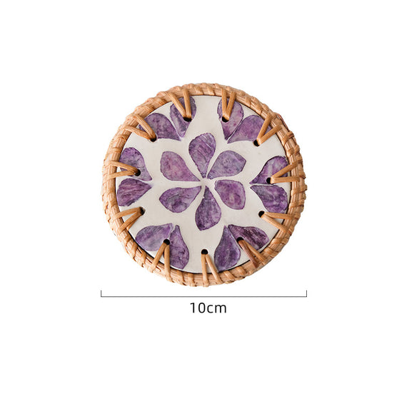 NNEDSZ 4 Pcs Beige Background With Purple flower Handcrafted Rattan Coaster with Natural Shell Inlay - Decorative & Heat Insulating Drink Mat