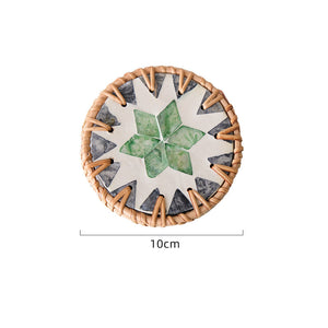 NNEDSZ 4 Pcs Beige Background With Green flower Handcrafted Rattan Coaster with Natural Shell Inlay - Decorative & Heat Insulating Drink Mat