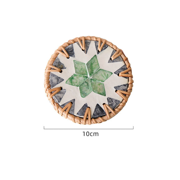 NNEDSZ 4 Pcs Beige Background With Green flower Handcrafted Rattan Coaster with Natural Shell Inlay - Decorative & Heat Insulating Drink Mat