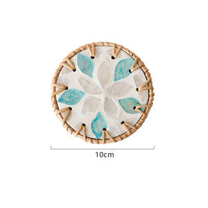 NNEDSZ 4 Pcs Beige Background With Blue and Grey flower Handcrafted Rattan Coaster with Natural Shell Inlay - Decorative & Heat Insulating Drink Mat