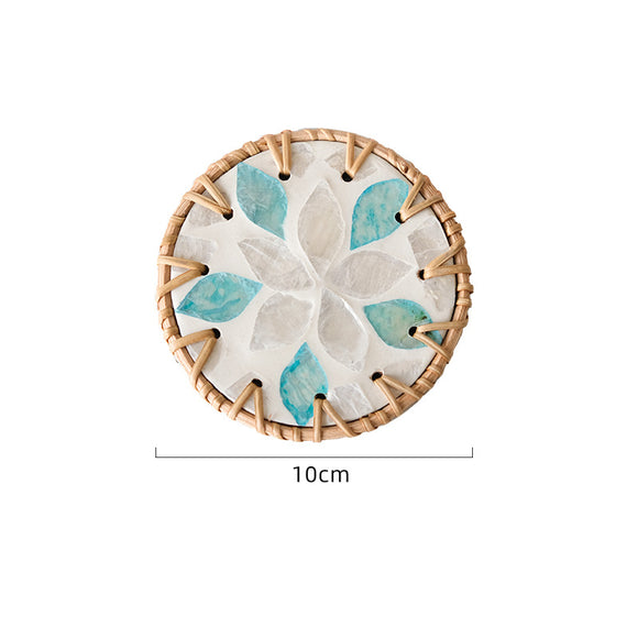 NNEDSZ 4 Pcs Beige Background With Blue and Grey flower Handcrafted Rattan Coaster with Natural Shell Inlay - Decorative & Heat Insulating Drink Mat