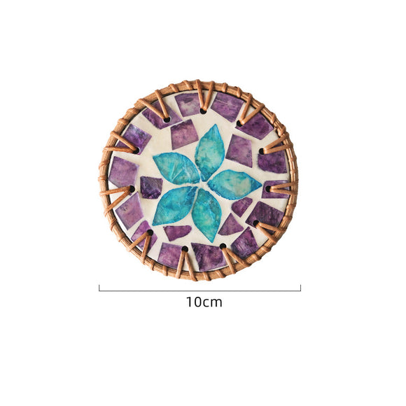 NNEDSZ 4 Pcs Beige Background With Blue and Purple flower Handcrafted Rattan Coaster with Natural Shell Inlay - Decorative & Heat Insulating Drink Mat