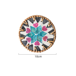 NNEDSZ 4 Pcs Beige Background With Blue and Pink flower Handcrafted Rattan Coaster with Natural Shell Inlay - Decorative & Heat Insulating Drink Mat