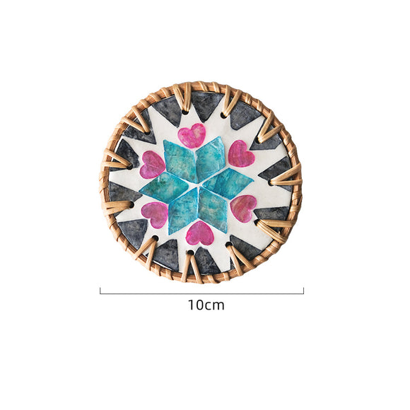 NNEDSZ 4 Pcs Beige Background With Blue and Pink flower Handcrafted Rattan Coaster with Natural Shell Inlay - Decorative & Heat Insulating Drink Mat