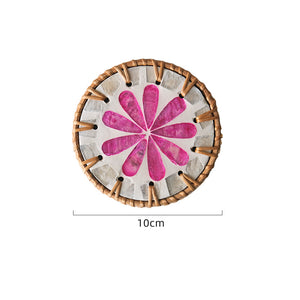 NNEDSZ 4 Pcs Khaki Background With Pink flower Handcrafted Rattan Coaster with Natural Shell Inlay - Decorative & Heat Insulating Drink Mat