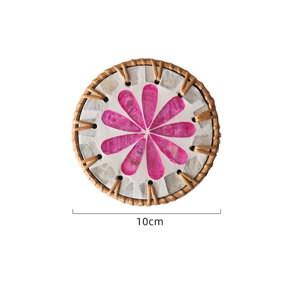 NNEDSZ 4 Pcs Khaki Background With Pink flower Handcrafted Rattan Coaster with Natural Shell Inlay - Decorative & Heat Insulating Drink Mat